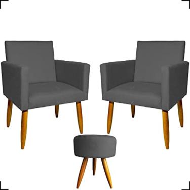 Imagem de Kit 2 Poltronas Decorativas Para Sala + Puff Redondo Para Recepção Manicure Sala De Espera Consultório Escritório Sala De Estar Suede Cores Pé Castanho - Clique & Decore (Cinza)