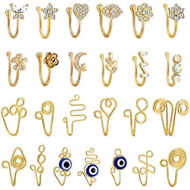 Imagem de TAMHOO 25 peças de anéis de nariz falsos multiestilos para mulheres e homens – punho de nariz africano de cobre banhado a ouro 14 k sem piercing para adolescentes – conjunto de anéis de nariz pequeno com clipe no nariz, piercing de nariz falso, Metal, Zircônia cúbica,
