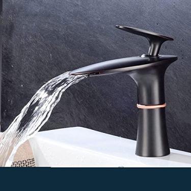 Imagem de Torneira de lavatório em cascata ouro branco quente frio misturador lavatório torneira de latão preto alto misturador de banheiro guindaste torneira de hardware doméstico, escova de óleo curta I