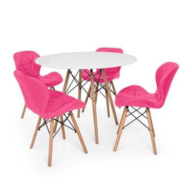 Imagem de Kit Mesa Jantar Eiffel 90cm Branca + 04 Cadeiras Slim - Rosa - Império