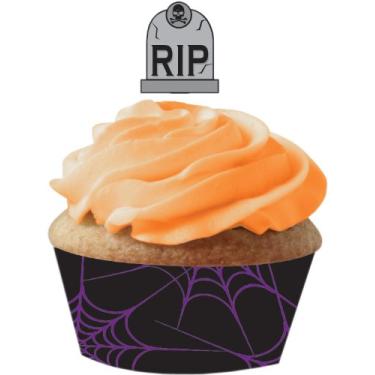 Imagem de 12 embalagens de cupcake com palhetas de plástico de lápide, teias de aranha de Halloween