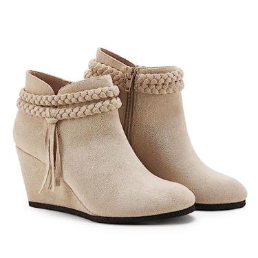 Imagem de Fashare bota feminina anabela cano curto trançado tira franja salto ocidental botas de inverno, 2-beige(faux Suede), 6.5-7