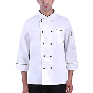 Imagem de Casaco de chef masculino feminino unissex manga longa chef cook, homens mulheres cozinha catering cozinha roupas de trabalho, pastelaria restaurante garçom uniforme camisa (cor: branco, tamanho: