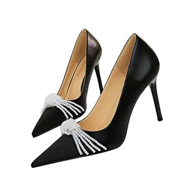 Imagem de Sapatos femininos pontiagudos 9,5 cm stiletto bico fechado clássico slip on vestido salto alto moda escritório sapatos femininos, Preto, 7