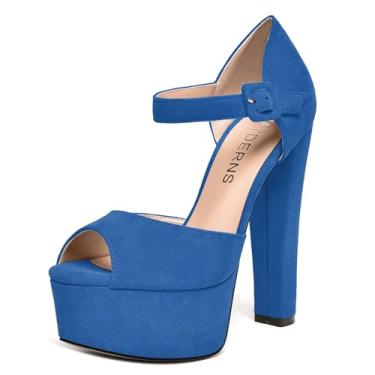 Imagem de WAYDERNS Sapato feminino peep toe tira no tornozelo camurça sólida fivela casamento plataforma vestido bloco salto alto sapatos 6 polegadas, Azul royal, 6