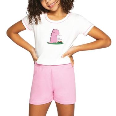 Imagem de LUPO Conjunto Pijama Camiseta e Shorts Dinossauro e Flores Confortável Hipoalergênico Meninas, Branco, 2