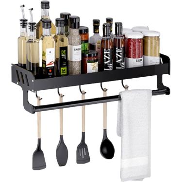 Imagem de Rack de cozinha sem furadeira Prateleira de cozinha com gancho Rack de temperos autoadesivo montado na parede com toalheiro Espaço preto alumínio para varanda de cozinha, preto, 50 cm