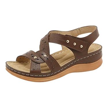 Imagem de CsgrFagr Sandálias femininas moda verão novo padrão sandálias romanas de cor sólida confortável cunha sandálias femininas macias espuma de memória, Marrom, 8 3X-Narrow
