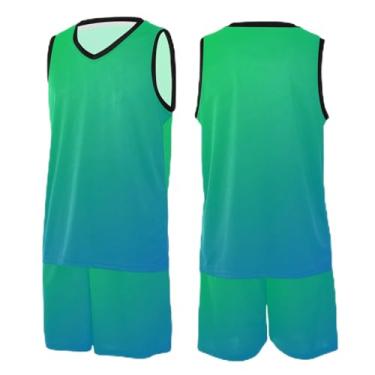 Imagem de CHIFIGNO Camiseta de basquete bege areia para adultos, camiseta juvenil PP-3GG, Gradientes verdes e azuis, P