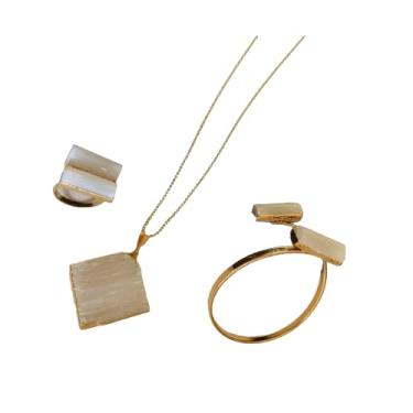 Imagem de Conjunto Feminino Anel Pulseira Bracelete Dourado Colar Necklace Pedra Selenita Maxi Acessórios Femininos Semijoias Fashion Estilo Boho Chic