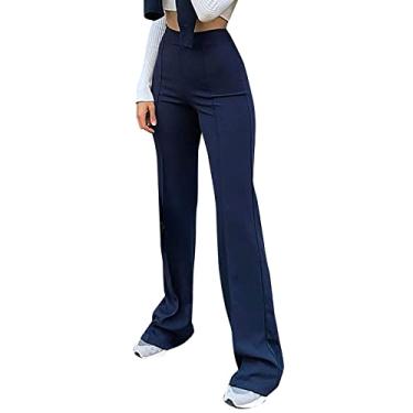 Imagem de Calça flare feminina plus size cintura alta jeans de verão calça social de algodão leve para trabalho, Azul marino, G