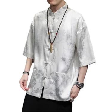 Imagem de Vestido tradicional chinês de verão bordado dragão camisa masculina roupas gelo seda manga curta tops vintage, Branco 1, GG