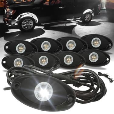 Imagem de SUNPIE 8 cápsulas de alumínio metal branco luzes de rocha com fios de extensão 6000 K luz de brilho branco puro para caminhões, quadriciclo, UTV, SUV, carrinho de golfe