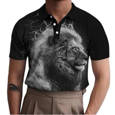 Imagem de Camisa polo masculina de manga curta com estampa de leão animal e design elegante de botão, Zphq659811, 4G