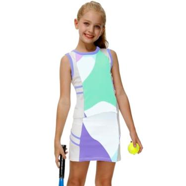 Imagem de AOBUTE Conjunto de camiseta regata e saia com shorts para meninas de 4 a 12 anos, Azul lavanda, 11-12 Anos