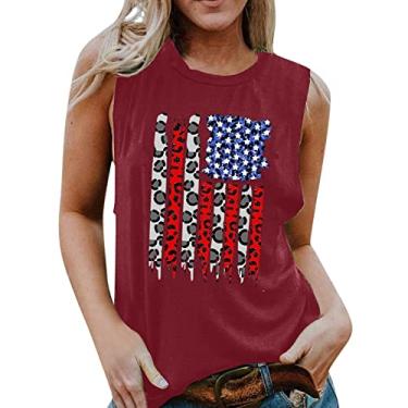 Imagem de Regatas femininas 4 de julho, blusa estampada com bandeira dos EUA, sem mangas, túnica de dia independente, camisa de festa de verão, Vinho, XXG