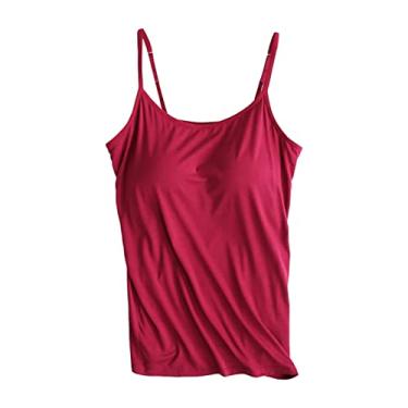 Imagem de Sutiã embutido para mulheres, alças finas, ajustável, cor sólida, túnica básica, camisa de ioga de verão, Vermelho, P