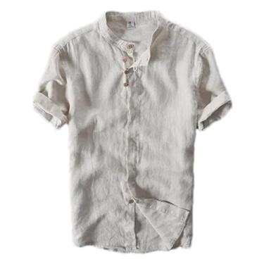 Imagem de Camisetas masculinas de verão de manga curta de linho slim estilo fino casual branco sólido roupas masculinas vintage, 3310 cáqui, G