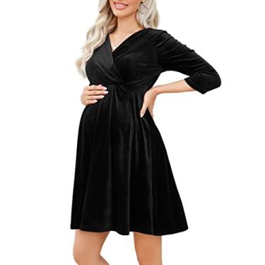 Imagem de FUNJULY Vestido feminino de veludo retrô com decote em V rodado rodado evasê vestido sexy vestido de férias vestido de noite convidada de casamento, Preto, GG