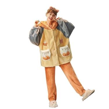 Imagem de LUBOSE Pijama de flanela com capuz, cardigã de flanela com bolsos, pijama quente e confortável para usar em casa, conjunto de pijama (G, amarelo)
