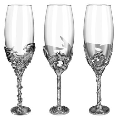 Imagem de Conjunto de 3 taças de vinho champanhe em forma de dragão em metal 3D fantasia mundo idade média muito exclusivo e personalizado, o melhor presente de pai Natal Ano Novo para homens