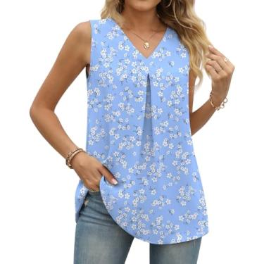 Imagem de Anyally Túnica feminina de verão sem mangas de chiffon blusa casual elegante blusa solta gola V camisas de trabalho, Sem mangas/flor branca azul, 3G