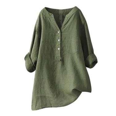 Imagem de Camiseta feminina de linho Henley Pocket Blusas Plus Size manga longa cor sólida verão túnica, Ag, G