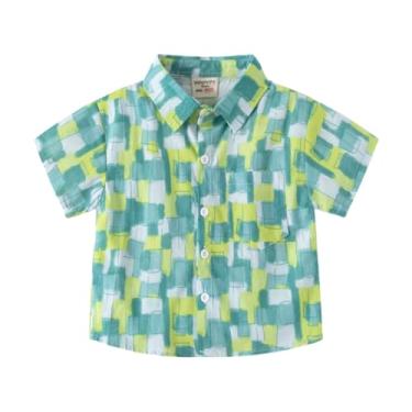 Imagem de Yueary Camisa social havaiana infantil de manga curta com botões de algodão, camisetas casuais de verão e praia com bolso, Verde, 140/7-8 Y