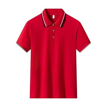 Imagem de Polos masculinos de poliéster com gola listrada, camisa de malha de cor sólida, ajuste regular, leve, secagem rápida, manga curta, gola ao ar livre(Color:Red,Size:XXXXL)