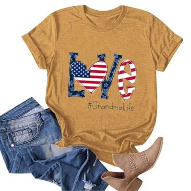 Imagem de Camisetas femininas com bandeira americana, manga curta, estampa Love Grandma Life, Dia da Independência, patriótico, casual, caimento solto, Amarelo, 3G