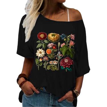 Imagem de Camisetas florais femininas sensuais com ombros de fora, flores silvestres, vintage, boêmio, estampa floral, Preto - 1, M