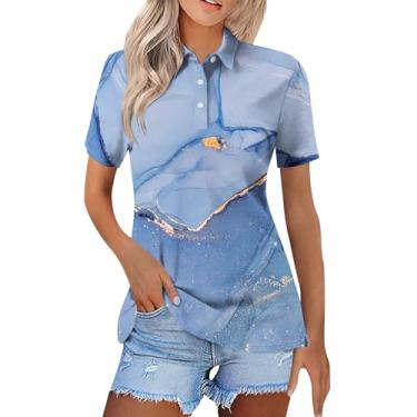 Imagem de Camisetas polo femininas gola V 2024 verão casual gráfico manga curta camisetas básicas de negócios blusas elegantes, Azul, 3G