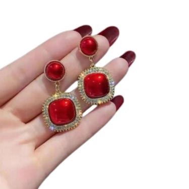 Imagem de Brinco Feminino Delicado Vermelho Strass Jóia Luxo