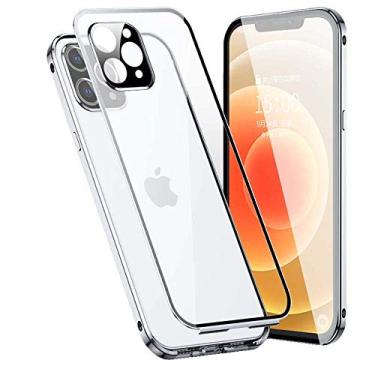 Imagem de Capa magnética para Apple iPhone 13 Pro (2021) 6,1 polegadas, capa de proteção de telefone de vidro temperado transparente HD dupla face [moldura de metal amortecedor], prata