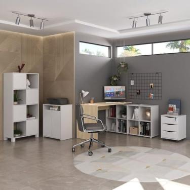 Imagem de Kit Completo 4 Itens com Escrivaninha em L, Gaveteiro, Estante e Armário Multiuso Baixo Branco com Carvalho