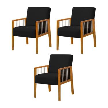 Imagem de Kit 3 Poltronas Decorativa Base em Madeira Maciça e Corda Náutica Copacabana Veludo Preto