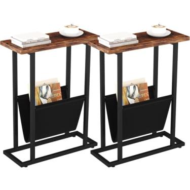 Imagem de Mesa lateral estreita para espaços pequenos, conjunto de 2 mesas de canto pequeno com suporte de revista, mesa fina e fina para sala de estar, quarto, sofá, marrom rústico
