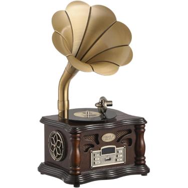 Imagem de Fonógrafo retrô, toca-discos de vinil de imitação de plataforma giratória BT com chifre de cobre, alto-falantes duplos de alta fidelidade integrados, para decoração de escritório/casa, A