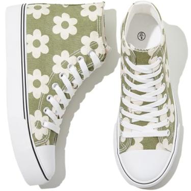 Imagem de kufeiti Tênis feminino de lona de cano alto com cadarço branco preto tênis casual caminhada, Oliva, 40