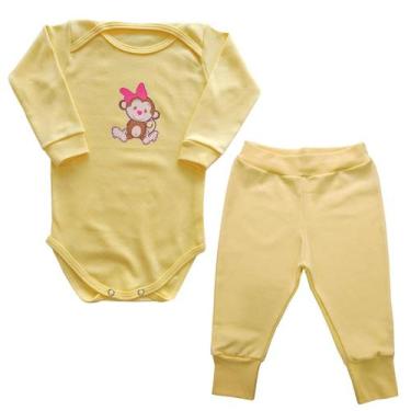 Imagem de Conjunto Body Manga Longa Bebê Macaquinha Laço Rosa + Calça - Generic,