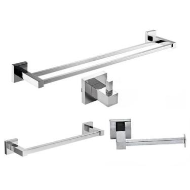 Imagem de 4 Acessórios Kit Cabide Papeleira Toalheiro Duplo Metal Inox - Fine Me