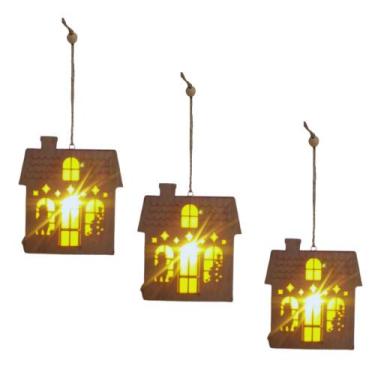 Imagem de Kit com 3 Casinhas Natalinas de Madeira com Luz Led 11,7x10,5x3cm - Mu