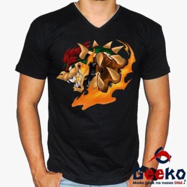 Imagem de Camiseta Bowser 100% Algodão Mario Bros Geeko, Preto gola v, M
