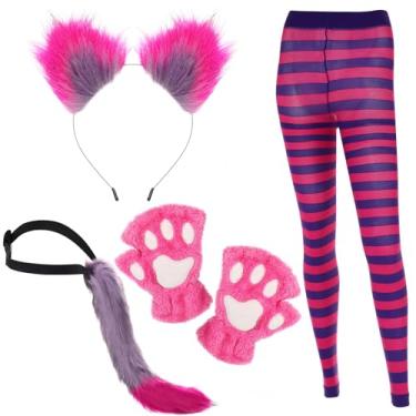 Imagem de Toulite 4 peças de fantasia de gato listrado rosa e roxo para meninas e mulheres, conjunto de acessórios para cosplay de gato de Halloween, Rosa e roxo, P