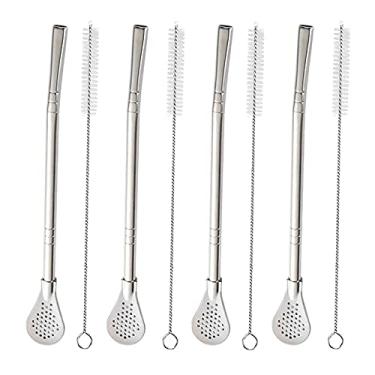 Imagem de Canudo de Yerba Mate Bombilla, canudos de aço inoxidável com colher de filtro, canudos de chá destacáveis, reutilizáveis para chá solto, café, bebidas, com 4 escovas de limpeza, 18,2 cm (pacote com 4, prata)