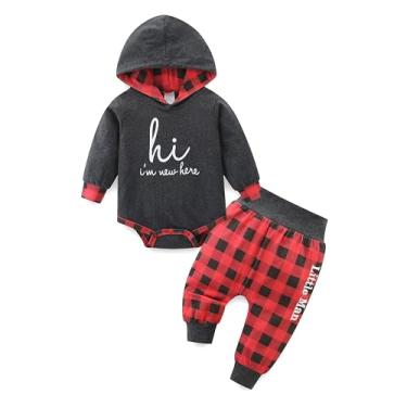 Imagem de Conjunto de 2 peças de moletom com capuz xadrez de manga comprida e estampa de letras para bebês recém-nascidos, Estampa Hi Print Cinza Vermelho, (6-9)months