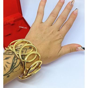 Imagem de Pulseira Bracelete Larga Feminino Geométrica Folheado Ouro Dourado Pra