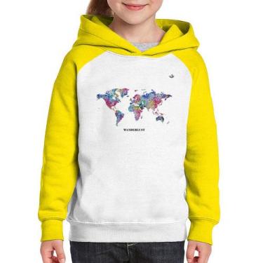 Imagem de Moletom Infantil Mapa mundi mosaico - Foca na Moda, Branco, Amarelo, 4