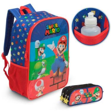 Imagem de Kit Mochila Bolsa Escolar Super Mario Com Estojo Grande - Plike