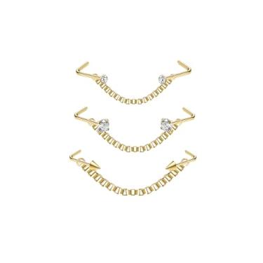 Imagem de AccGin Corrente de piercing de nariz no nariz de aço inoxidável para piercing de nariz com zircônia cúbica osso em forma de L para mulheres e homens, joias de narina com corrente de ponte, Aço